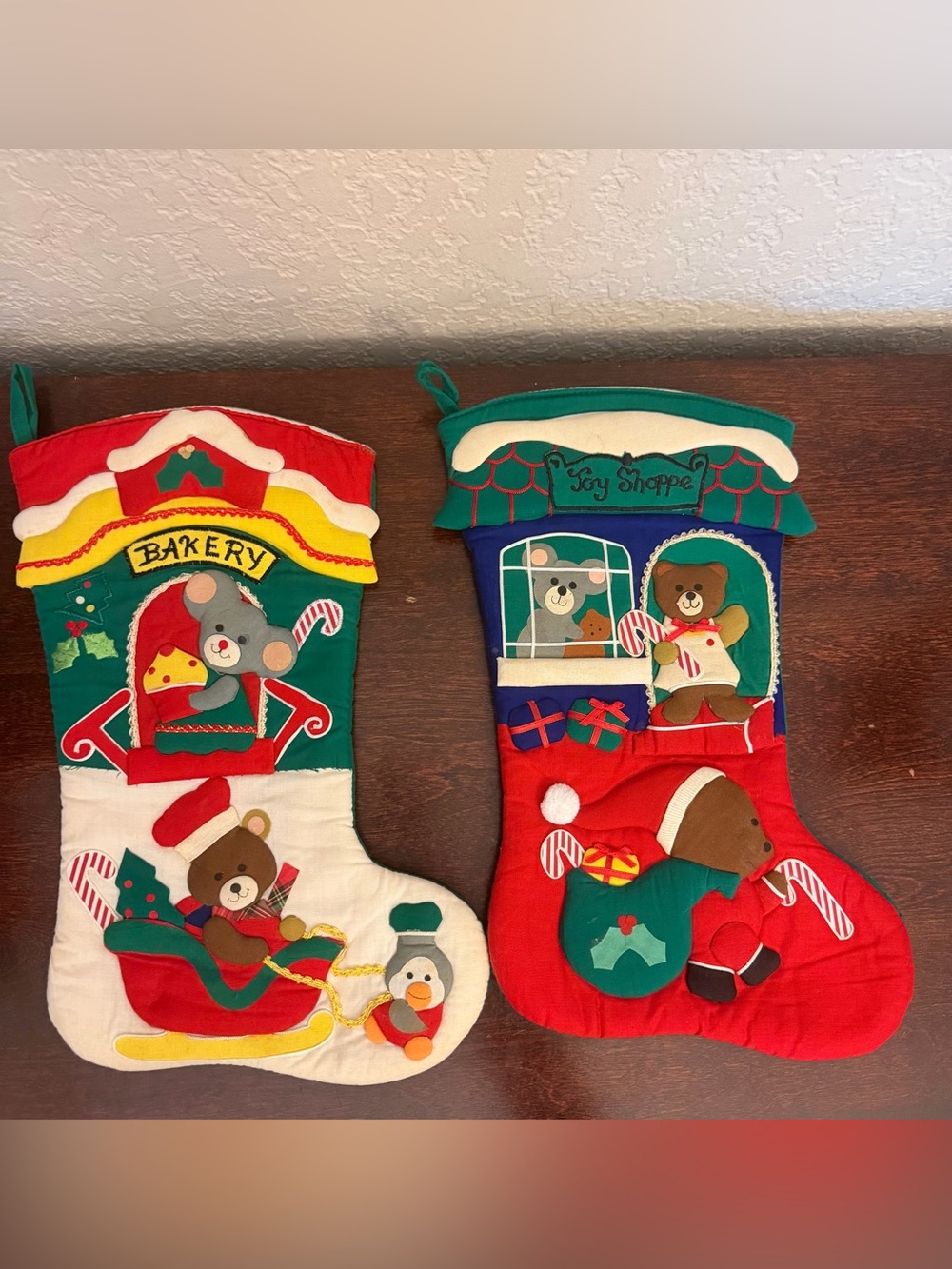 Vintage Dandee Bear & Mouse Christmas Stockings Set Of 2 “Bakery” & “Toy Shop”